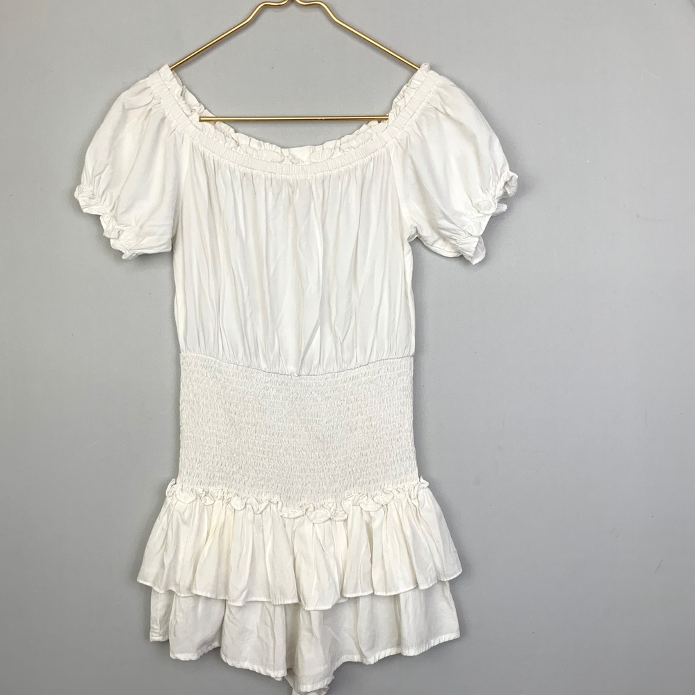 Idem Ditto Sz Medium White Off The Shoulder Smocked Waist Ruffle Tiered Romper